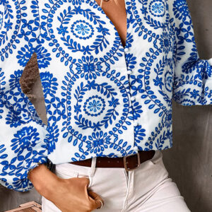 Camisa Azul Celeste Manga Abullonada Escote V