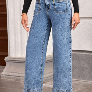 Jean Azul Chic Aplicado Bolsillo Pierna Recta Suelto