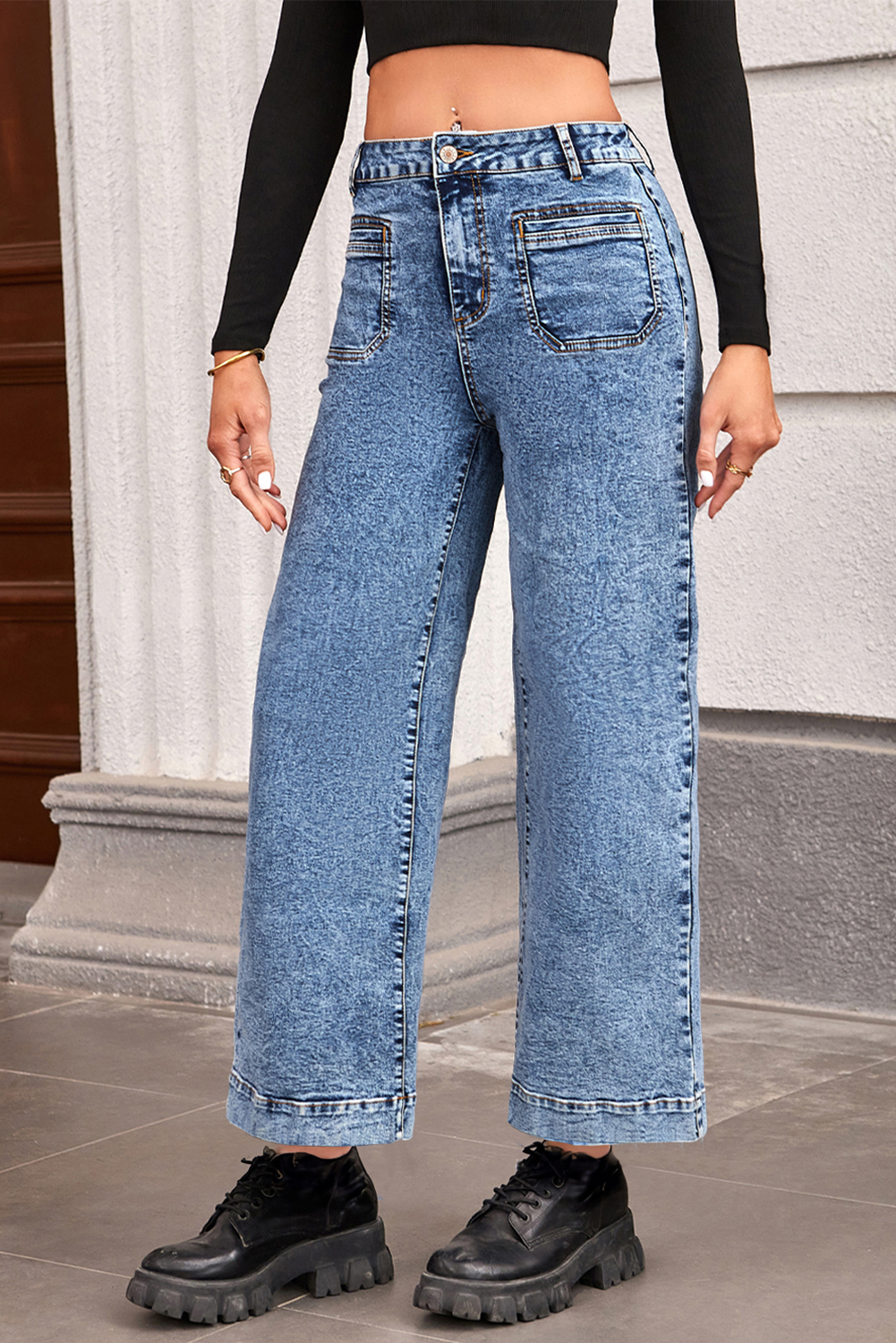 Jean Azul Chic Aplicado Bolsillo Pierna Recta Suelto