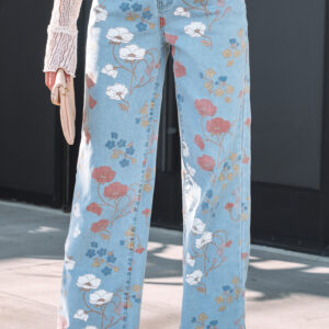 Jean Celeste Floral Estampado Crudo Ruedo Relajado