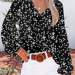 Blusa Negro Floral Manga Abullonada Escote V
