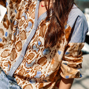 Camisa Beige Francés Claro A Rayas Escote V