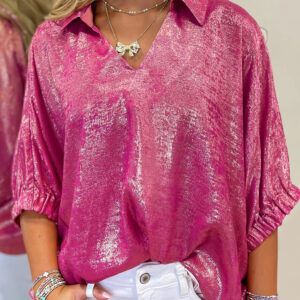 Blusa Rosa Frutilla Metalizado Manga Corta Escote V