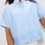 Camisa Azul Celeste a Rayas Manga Corta Con Cuello