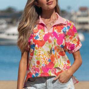 Blusa Rosa A Rayas Manga Corta Escote V
