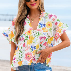 Blusa Amarillo Con Volados Manga Corta Escote V