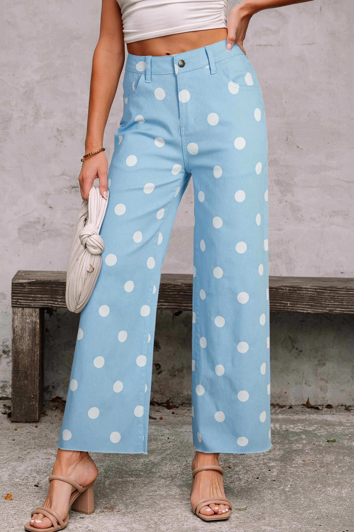 Jean Celeste Lunares Estampado Crudo Ruedo Relajado