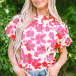 Blusa Beige Floral Manga Abullonada