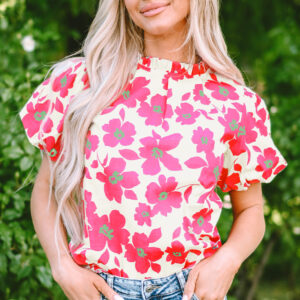Blusa Beige Floral Manga Abullonada
