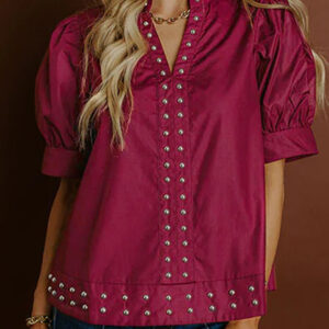 Blusa Bordó Manga Abullonada Escote V