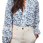 Camisa Azul Estampado Floral Manga Abullonada