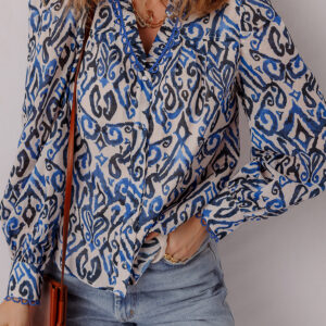 Camisa Azul Bordado Manga Larga Escote V