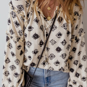 Blusa Blanco Manga Globo Suelta Escote con Abertura