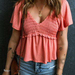 Blusa Rojo Tomate Con Textura Manga Volado Escote V