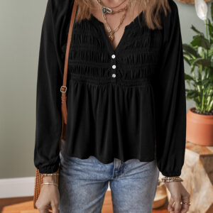 Blusa Negro Fruncido Elástico Escote V