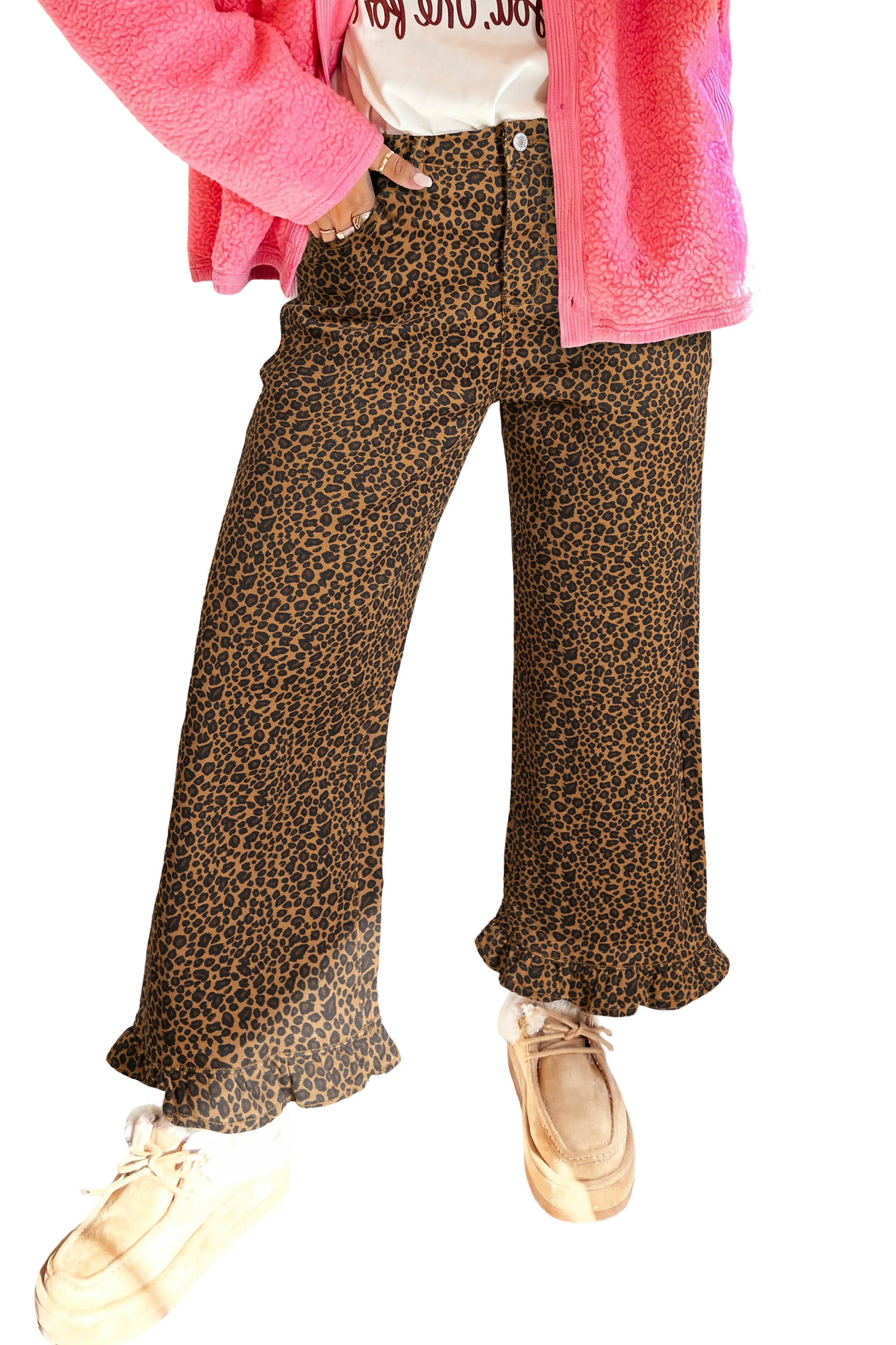 Jean Marrón Animal Print Leopardo Estampado Con Volados - Image 5