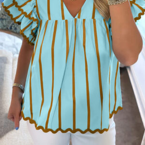 Blusa Azul Celeste a Rayas Con Volados Manga Corta Escote V