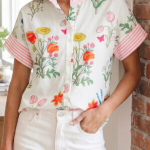 Camisa Beige Con Volados Manga Corta Con Cuello