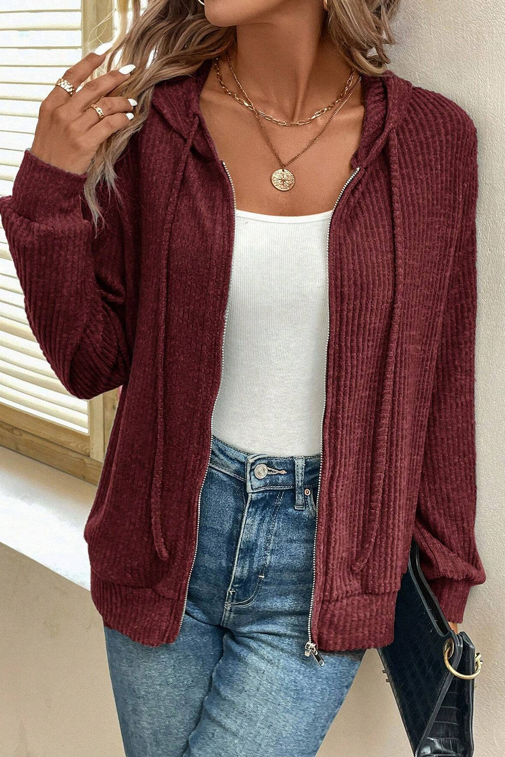 Hoodie Rosa Dahlia Acanalado Con Cierre