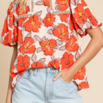 Blusa Naranja Floral Manga Globo Suelta
