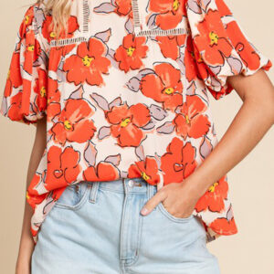 Blusa Naranja Floral Manga Globo Suelta