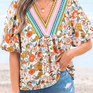 Blusa Multicolor Boho Manga Abullonada Escote V