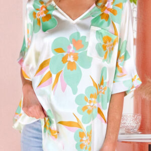 Blusa Verde Floral Manga Corta Suelta Escote V