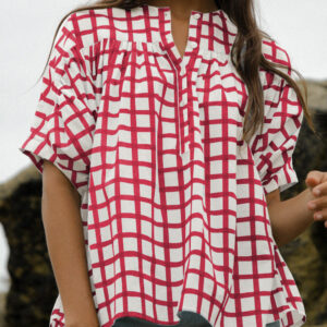 Blusa Rojo a Rayas Manga Corta Escote con Abertura