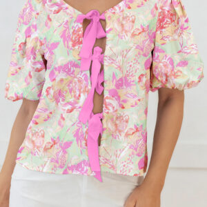 Blusa Rosa Floral Manga Abullonada