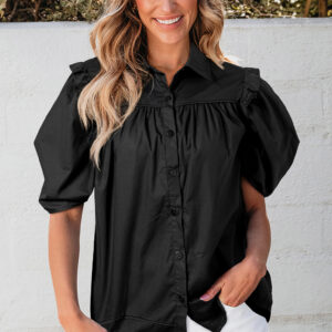 Camisa Negro Manga Abullonada Suelta