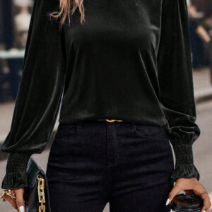 Blusa Negro Fruncido Elástico Manga Abullonada Con Cuello