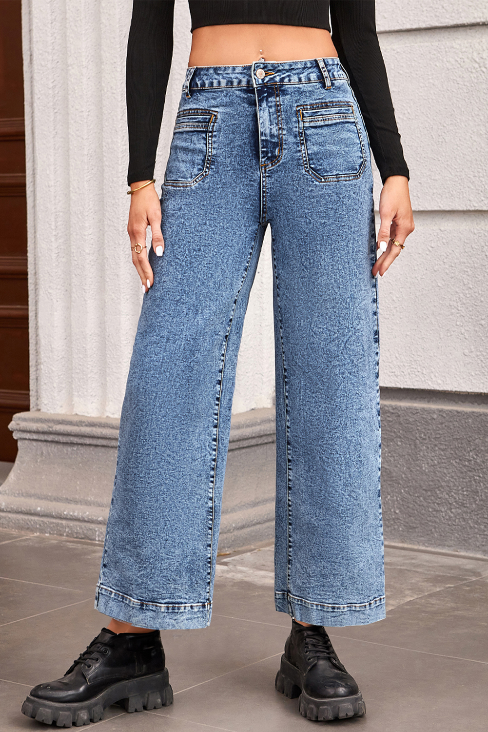 Jean Azul Chic Aplicado Bolsillo Pierna Recta Suelto - Image 3