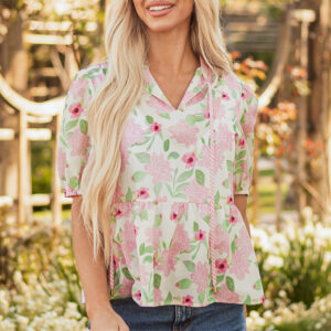 Blusa Rosa Floral Escote V