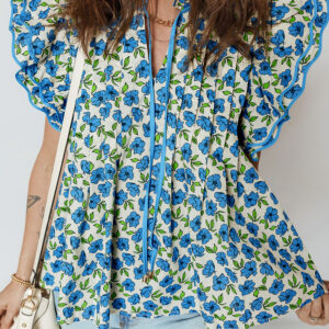 Blusa Azul Celeste Plisado Manga Volado