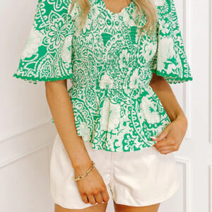 Blusa Verde Fruncido Elástico Escote V