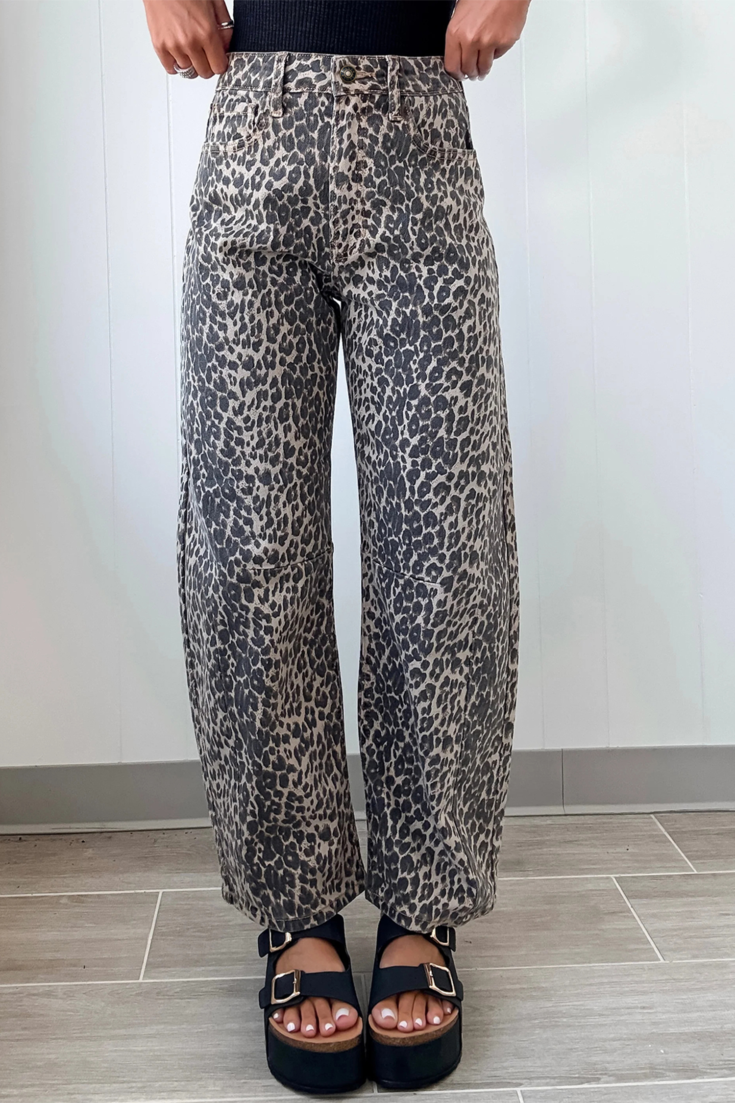 Jean Negro Animal Print Leopardo Estampado Tiro Alto Barrel