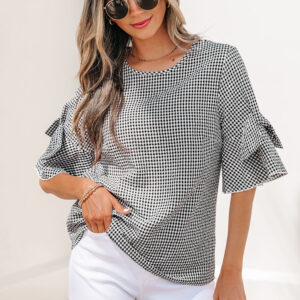 Blusa Negro Con Volados Manga Corta Cuello Redondo