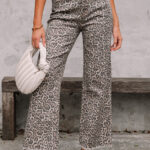 Jean Marrón Animal Print Leopardo Deshilachado Borde Pierna