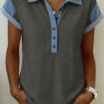 Blusa Gris Carbón Combinado Manga Corta Con Cuello