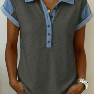 Blusa Gris Carbón Combinado Manga Corta Con Cuello