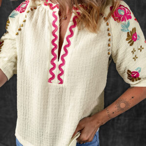 Blusa Beige Floral Manga Abullonada