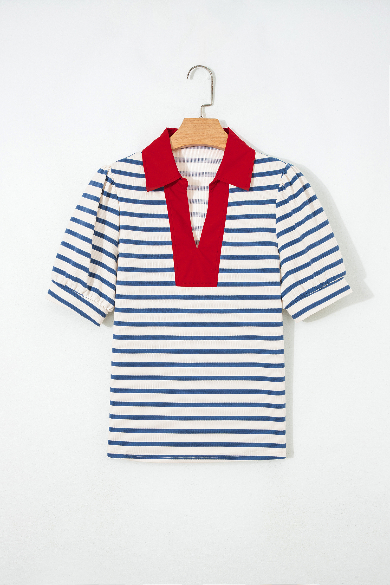 Blusa Azul a Rayas Combinado Manga Abullonada Con Cuello - Image 4