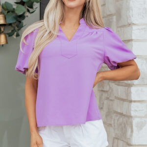 Blusa Rosa Pálido Manga Abullonada Escote V