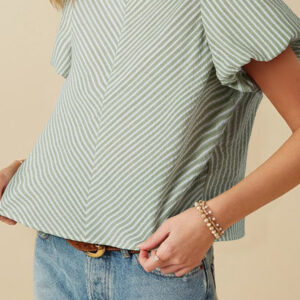 Blusa Verde a Rayas Manga Abullonada Cuello Redondo