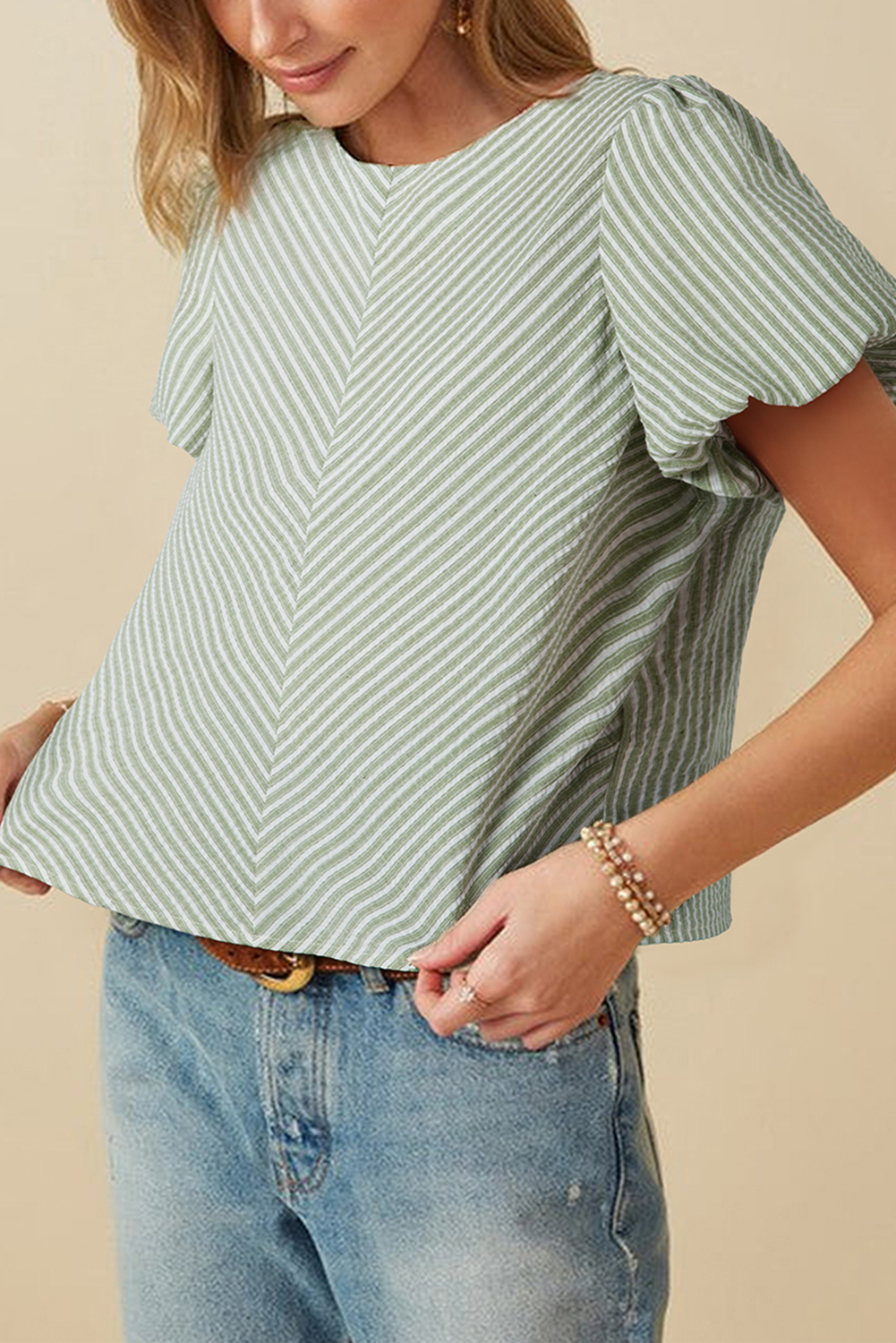 Blusa Verde a Rayas Manga Abullonada Cuello Redondo