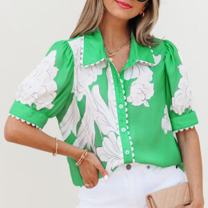 Camisa Verde Floral Manga Abullonada