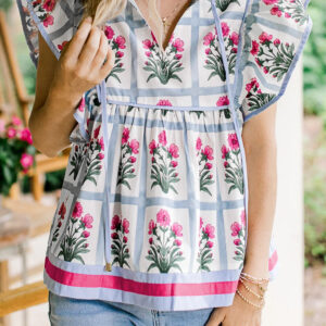 Blusa Rosa Floral Manga Volado Escote V