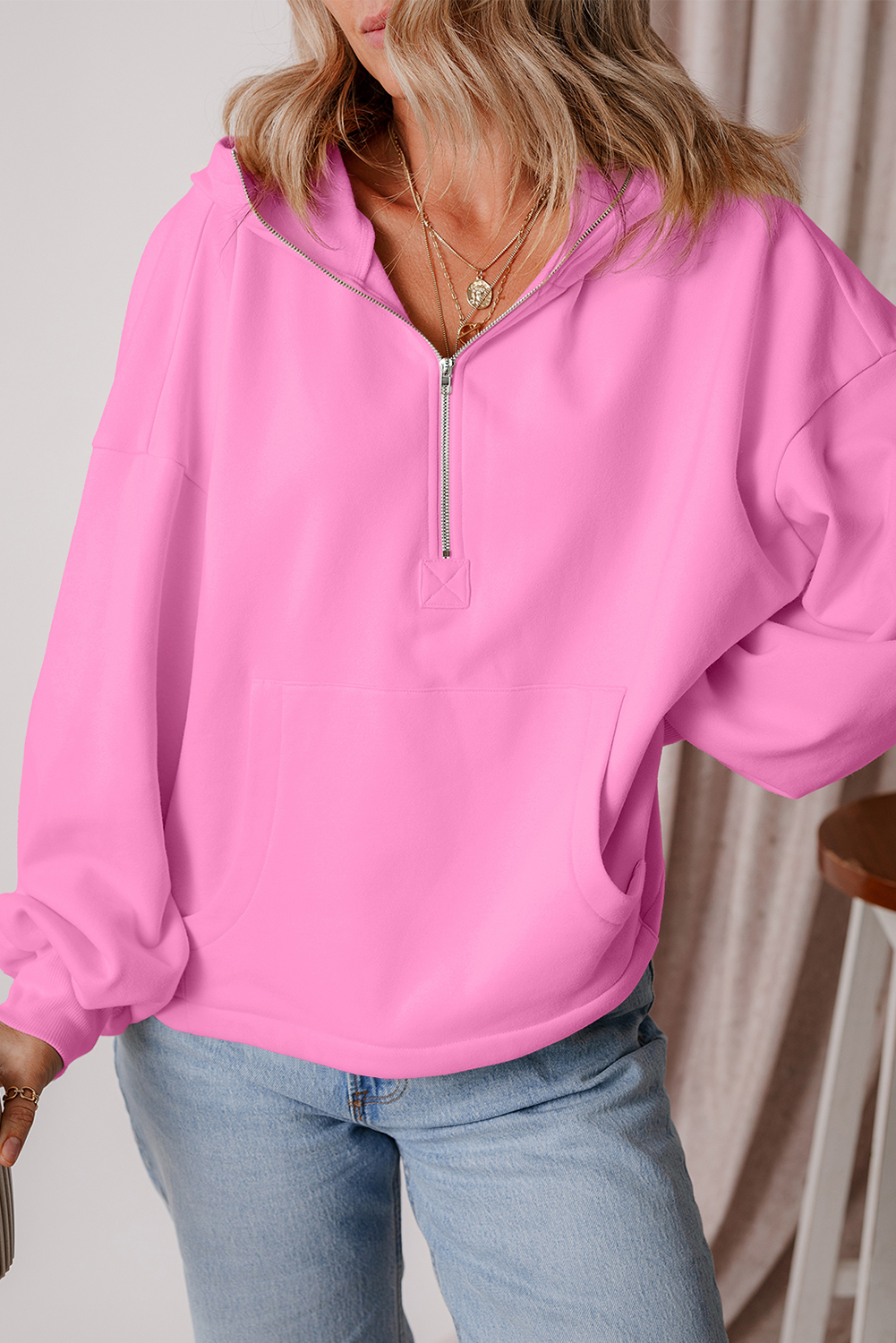 Hoodie Rosa Frisado Suelto Con Cierre - Image 4