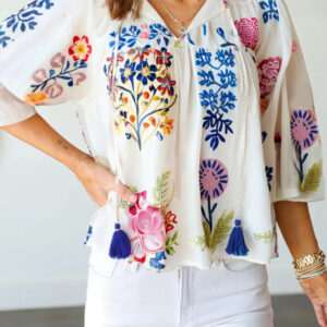 Blusa Blanco Floral Manga Pulsera