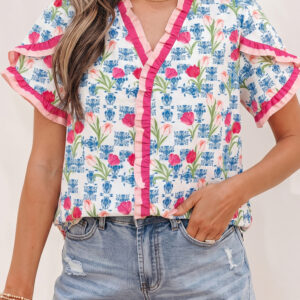 Camisa Rosa Con Volados Manga Corta Suelta Escote V